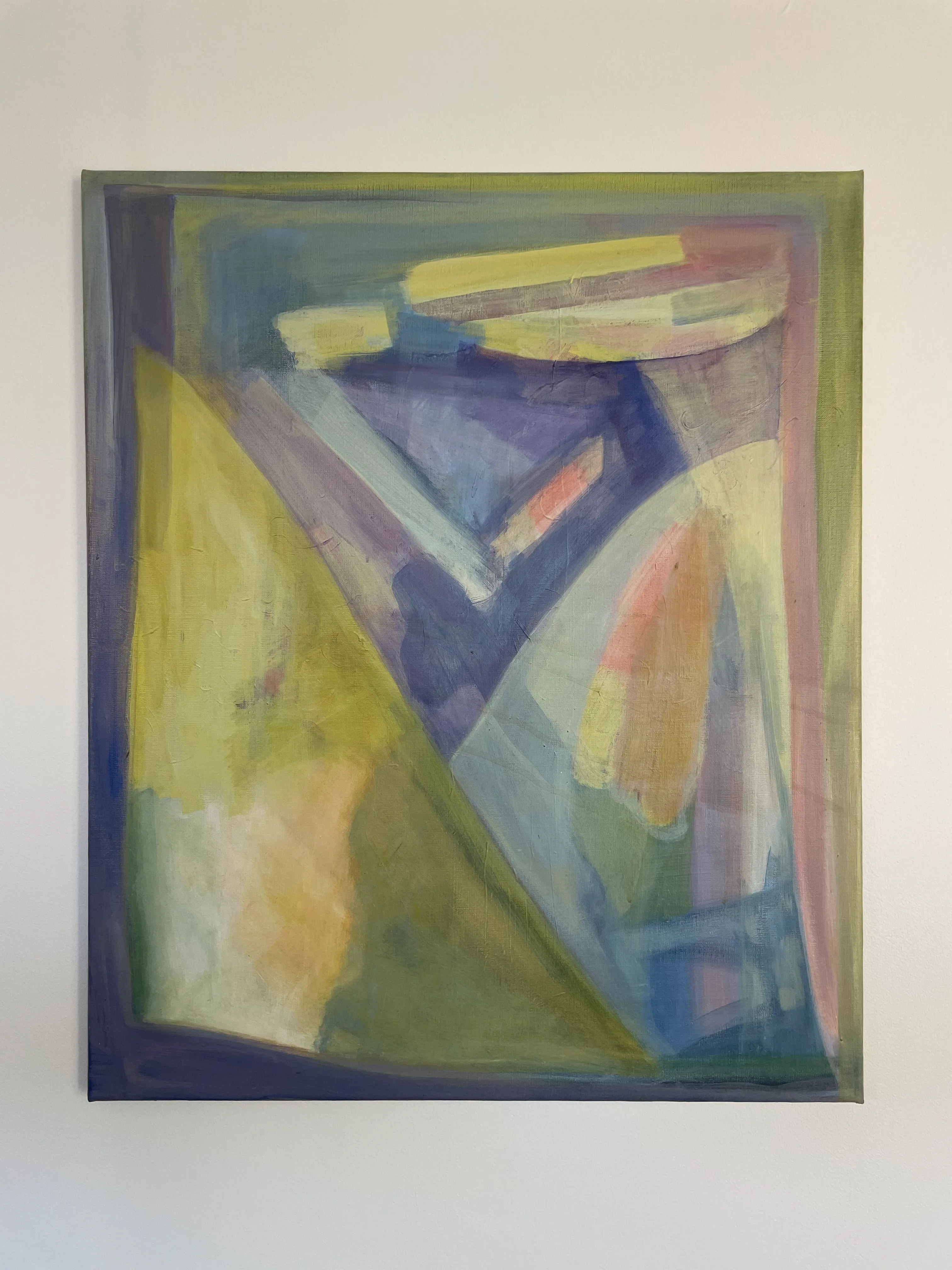 Abstract painting in soft blues, greens and yellow